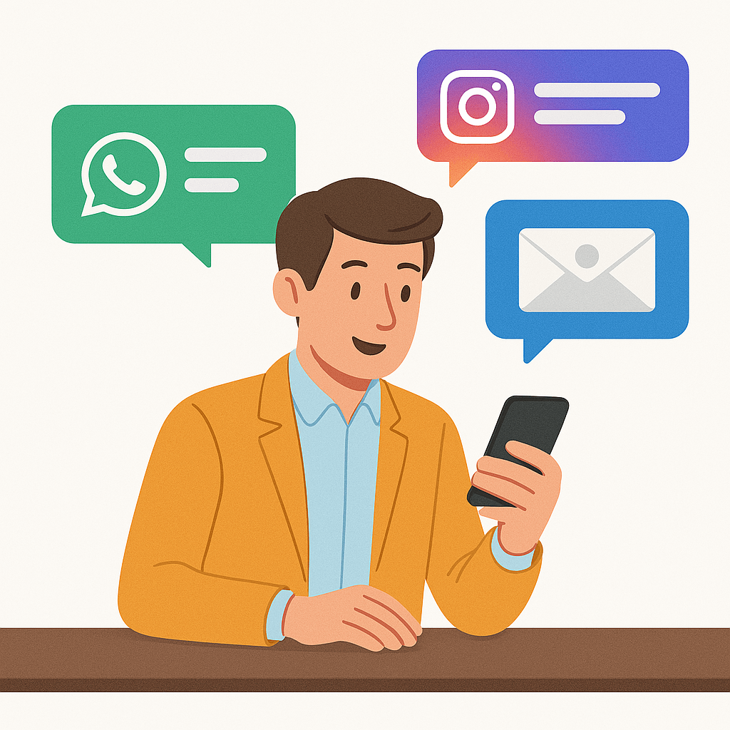 A business owner chatting on WhatsApp, replying to Instagram DMs, and getting email leads, multichannel communication theme