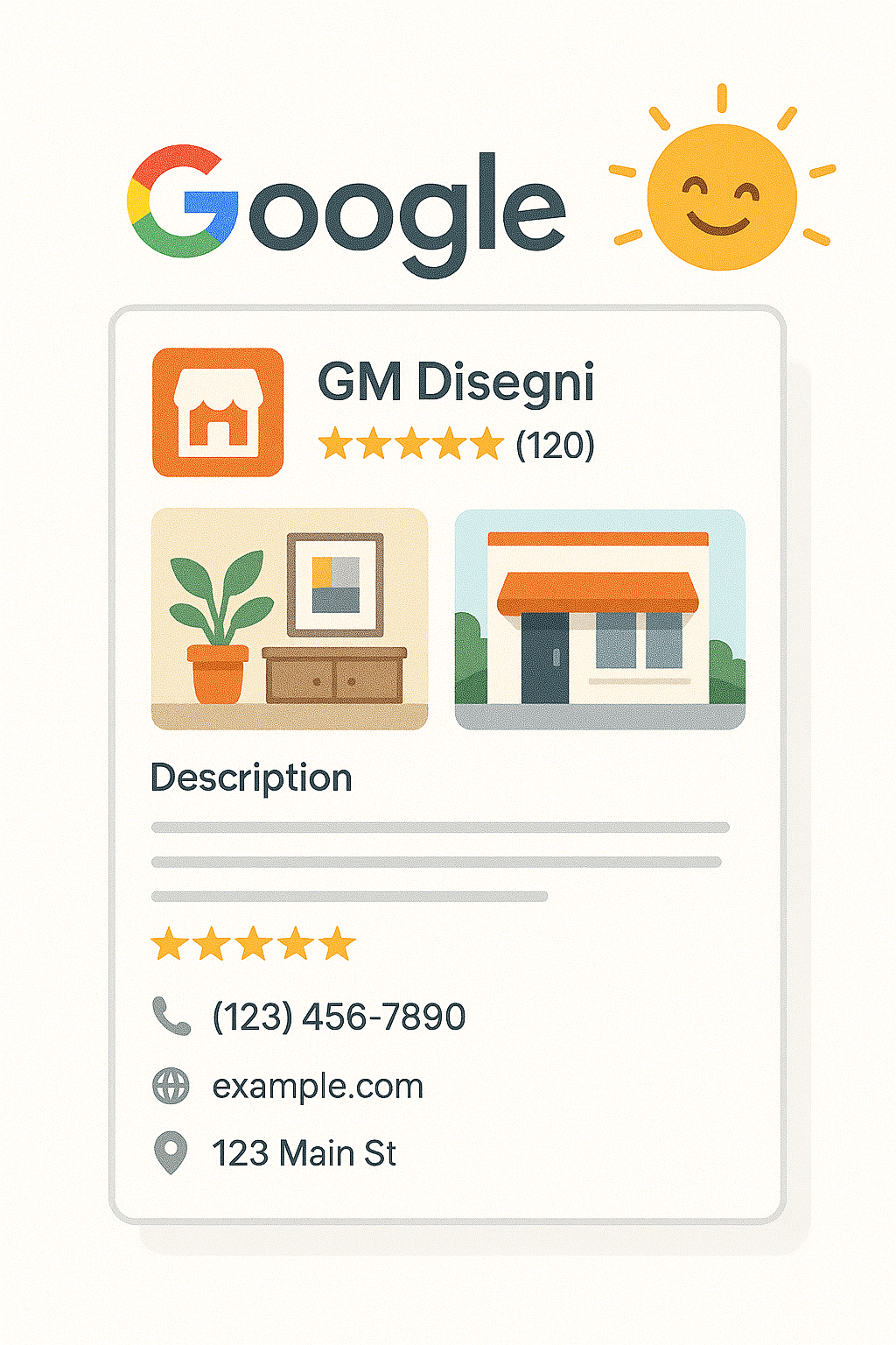 A complete Google Business Profile with photos, description, reviews, and contact info, cheerful presentation style GM Disegni